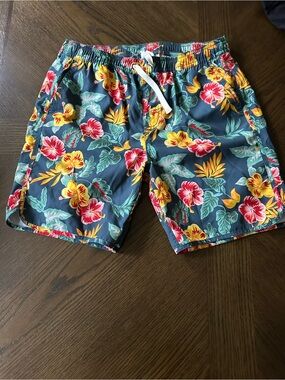 Fair Harbor Boys' Navy Floral Swim Trunks with Yellow & Red Hibiscus